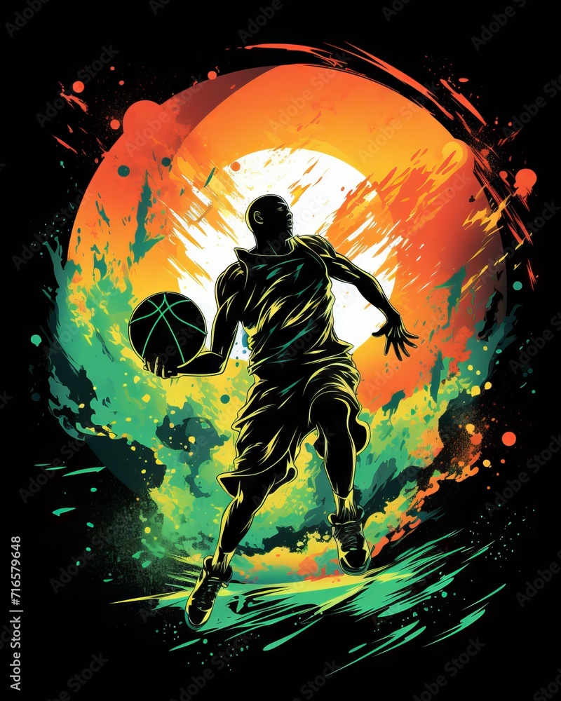 Wall mural retro basketball t-shirt design with neon vector art in a circular frame on a black background