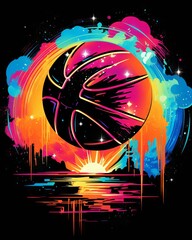 Retro basketball t-shirt design with neon vector art in a circular frame on a black background