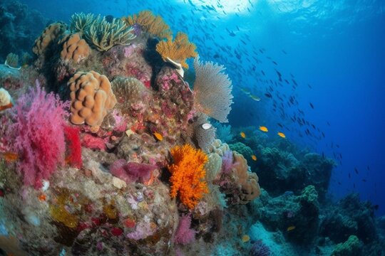 Corals and sponges thrive around a vibrant tropical coral reef. Generative AI