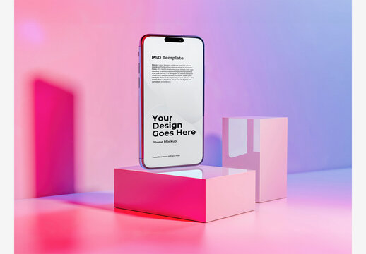 Mobile Mockup Phone Template on Pink Box with Blue and Pink Background, White Box with Blue Wall, Purple Wall, and Red and Blue Wall