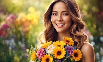 Naklejka premium Valentine's Elegance: A Graceful Woman Holding a Bouquet of Flowers for St. Valentine, Radiating Love and Romantic Vibes. Perfect for Conveying Affection and Celebrating Love.