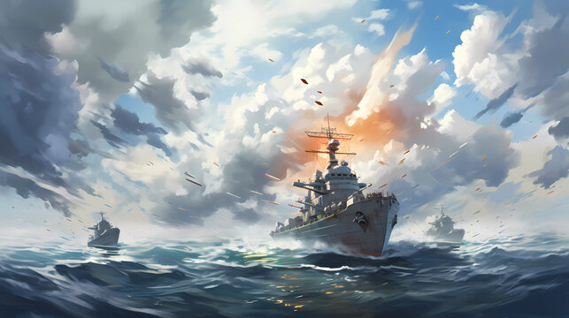 A painting of two ships with missiles in the air and clouds in the background