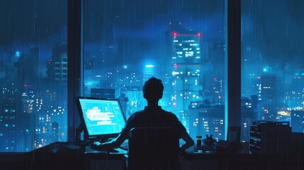 A lone figure bathed in the blue glow of a computer screen, fingers flying across the keyboard, city lights twinkling through the window, deadline looming but eyes burning with determination, - obrazy, fototapety, plakaty