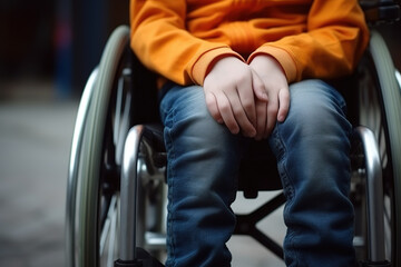 Close-up image of an unrecognizable disabled teenage boy sitting in a wheelchair at home. The handicapped adolescent is using mobility equipment indoors.