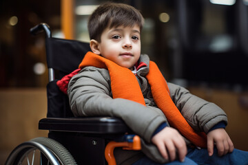 Young boy sitting in a wheelchair indoors.