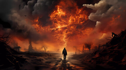 A person walking on a dirt road with a lot of fire and smoke behind them and a lot of smoke and smoke