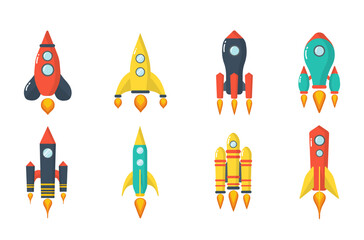 Set of launch rockets isolated on white background. Space rocket launch. Fantastic transport isolated object. Spaceship icons. Travel or science intelligence concept. Vector illustration