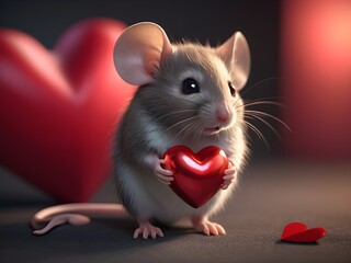 Cute adorable mouse holding a red valentine heart. Generative AI