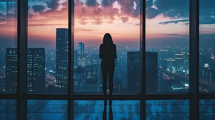 A lone woman stands silhouetted against a wall of windows, overlooking the sprawling cityscape,  - obrazy, fototapety, plakaty