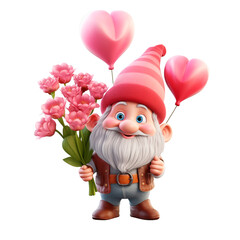 Cute cheerful gnome with balloons clipart on a transparent background in PNG format. Valentine's Day illustration design in red and pink colors