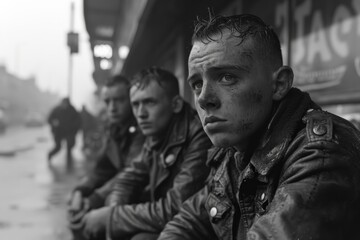 Obraz premium The monochrome photograph shows young men in leather jackets lined up on a city street. They are depicted in close-up, and their gaze conveys a mixture of thoughtfulness and ease.