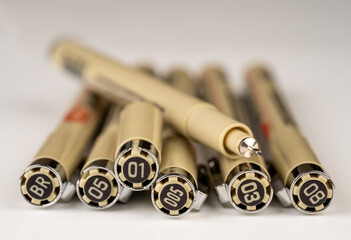 Black Micron liner/pen. Stationery. markers. Pens. Graphic arts. Set of different markers	
