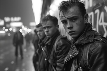 The monochrome photograph shows young men in leather jackets lined up on a city street. They are depicted in close-up, and their gaze conveys a mixture of thoughtfulness and ease.