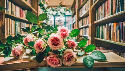 Naklejka na ściany i meble Roses in a Bookstore: A creative scene with roses strategically placed among books on shelves.