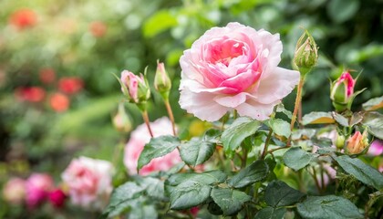Roses in a Garden: A serene scene of roses blooming in a well-tended garden.