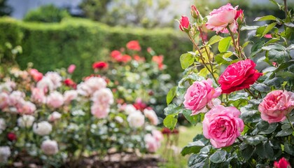 Roses in a Garden: A serene scene of roses blooming in a well-tended garden.