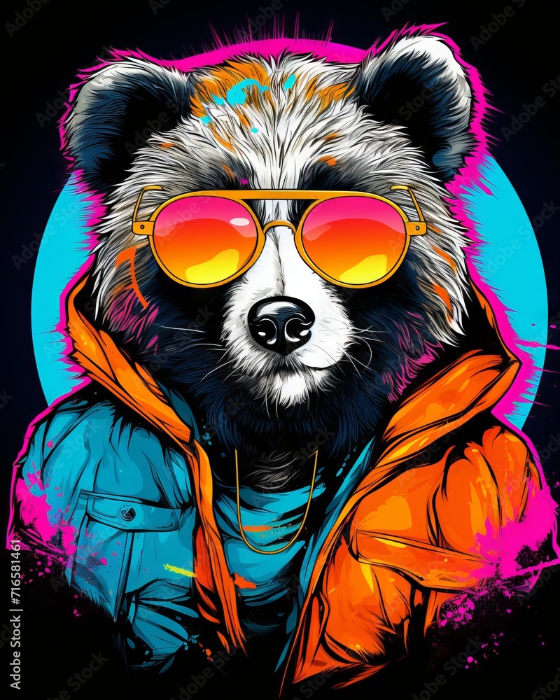 Canvas Prints Retro cool cut panda in neon circle on black background - vector t-shirt design