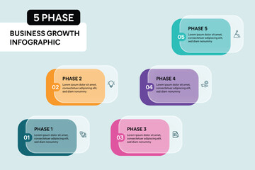5 Step Business Process Timeline Infographics. Colorful Rectangle Shape Glassmorphism Effect. Vector Illustration.
