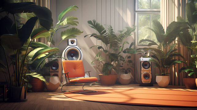 A room with a large speaker on the floor and a chair in the background with a plant in the corner