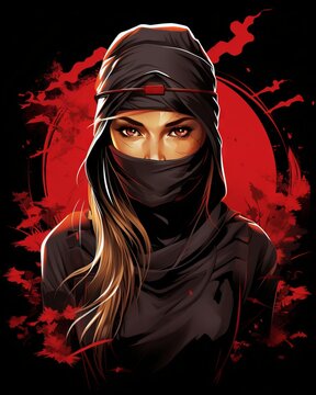 Modern ninja girl t-shirt design set with female ninja characters in different poses and outfits