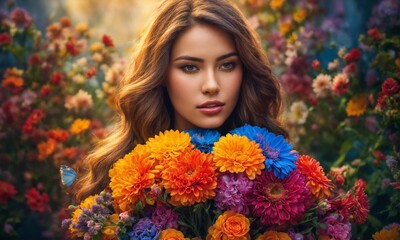 Naklejka premium Valentine's Elegance: A Graceful Woman Holding a Bouquet of Flowers for St. Valentine, Radiating Love and Romantic Vibes. Perfect for Conveying Affection and Celebrating Love.