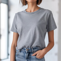 Grey T-shirt Mockup, Woman, Girl, Female, Model, Wearing a Grey Tee Shirt and Blue Jeans,  Blank Shirt Template, White Background, Close-up View