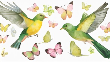 watercolor green and yellow birds and pink butterflies vintage set - obrazy, fototapety, plakaty