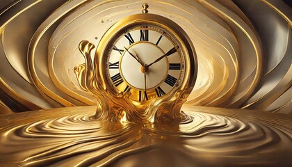  illustration of the illusion of time a surreal clock made of golden and mercury materials melting in a distorted and fluid manner - obrazy, fototapety, plakaty