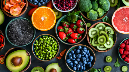 Fresh fruits and vegetables on the black background.