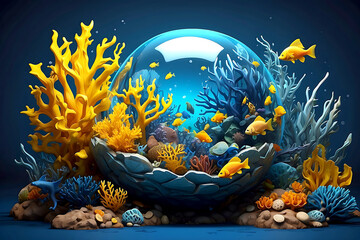 Fototapeta na wymiar Cartoonish sphere fish eating and blowing up under the sea, vector style drawing realistic.