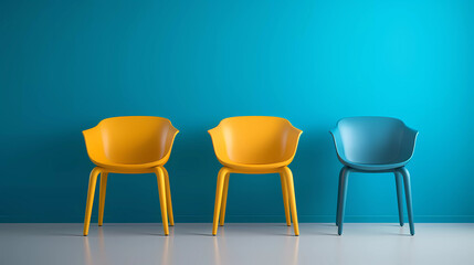 A set of three chairs with different colors and shapes on them