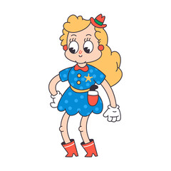 Cowgirl cute cartoon retro vector character isolated on white background.