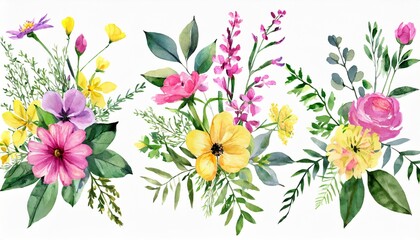 set watercolor arrangements with garden flowers bouquets with pink yellow wildflowers leaves branches botanic illustration isolated on white background