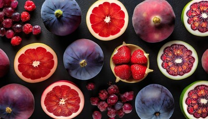 beautiful texture of halved red and purple fruit on black background  creative surface - obrazy, fototapety, plakaty