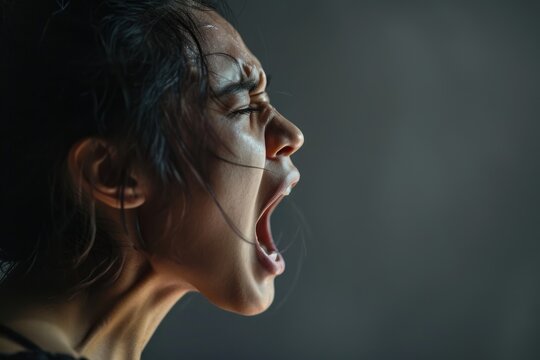 A person with a mental health condition, screaming, facial distort, Woman Shouting, Intense Emotion in Profile View, Vocal Expression of Passion. with copy-space