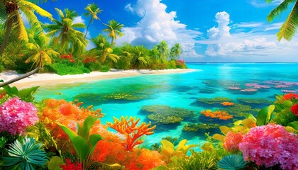 Fototapeta na wymiar a breathtaking painting of a paradise on earth depicting a lush tropical island teeming with vibrant coral reefs 
