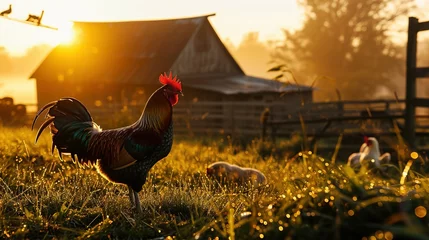 Foto op Plexiglas Beautiful scene of the countryside with dew on the grass and a rooster crowing. Created with Generative Ai technology. © Viktor