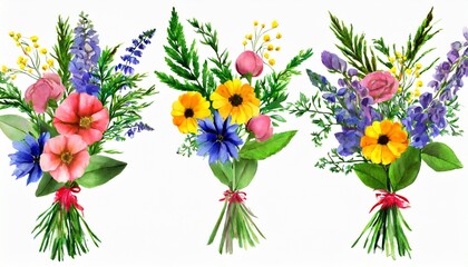 watercolor arrangements with flowers set bundle bouquets with wildflowers leaves branches botanical illustration