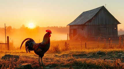 Beautiful scene of the countryside with dew on the grass and a rooster crowing. Created with Generative Ai technology. - obrazy, fototapety, plakaty
