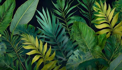 tropics art painted leaves on a dark background texture picture murals in the interior