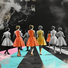 Fototapeta premium Sock Hop Revival: Colorful Dancers on Monochrome Floor