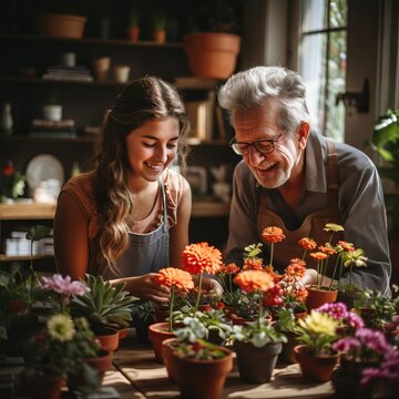 Grandfather and daughter plant flowers in a warm and cozy environment. Concept: retirement, leisure with family, growing plants and gardening
