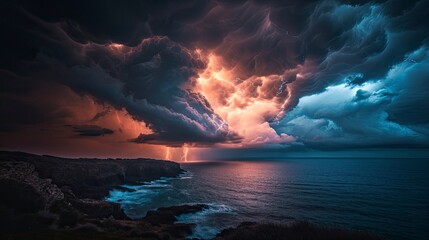 Dramatic Sunset Over a Stormy Coastline  - obrazy, fototapety, plakaty