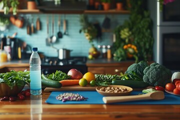 Healthy eating, Balanced meals, superfood smoothies, yoga mats and water bottles alongside fresh produce. yoga healthy food. Sport food concept. - obrazy, fototapety, plakaty