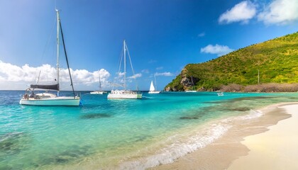 Fototapeta na wymiar catamarans and boats in salt whistle bay on mayreau tropical island sailing caribbean travel concept