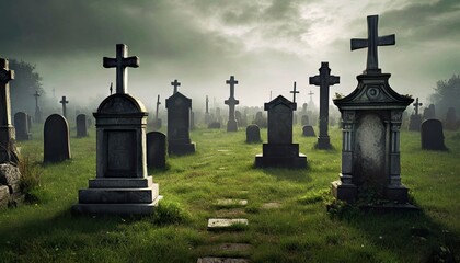 old scary cemetery with gravestones and crosses special for halloween - obrazy, fototapety, plakaty