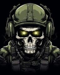 Skull with night vision goggles in tactical helmet - vintage style illustration for apparel and logo design