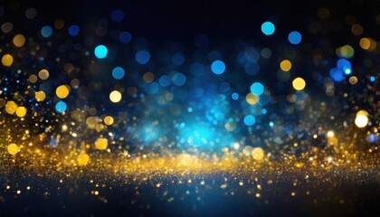 Fototapeta na wymiar glitter vintage lights background gold blue and black de focused blurred yellow and cyan glow sparks from neon lights with blank spot on black background