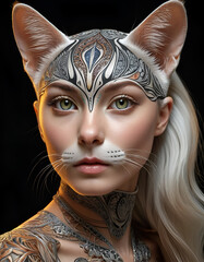 Portrait of a cat woman isolated on a black background