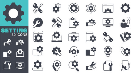 Settings and Options Icons set. Solid icon collection. Vector graphic elements, Icon Symbol, Business, Customized, Setting, Control, Preparation